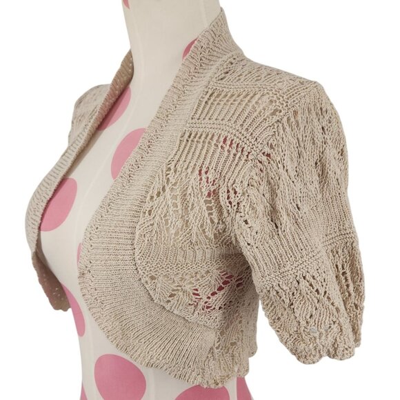 Women's Bina Tan Crochet Sweater Shrug Cardigan Short Small Medium Made in UK - Picture 1 of 7